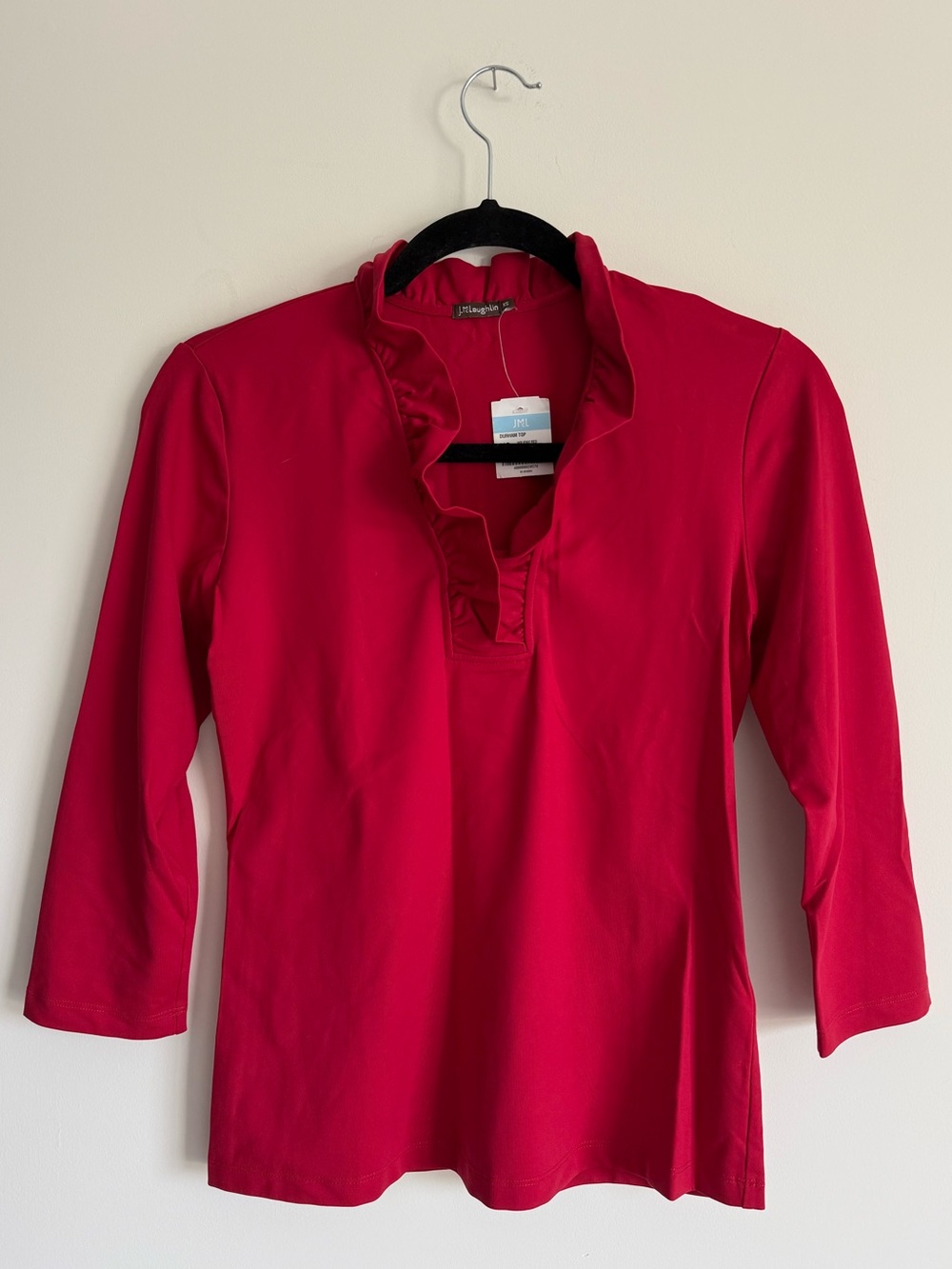 NWOT J. McLaughlin Red Ruffle-Trim Long Sleeve Top in Athletic Fabric